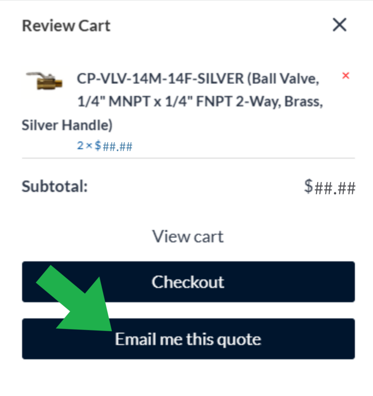The cart drawer, with the Email me this quote button highlighted
